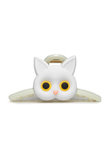 Close-up shot of a white hair clip. Hair claw clip shaped like a cat's head is on a white background. Front view. A fashionable hair accessory.