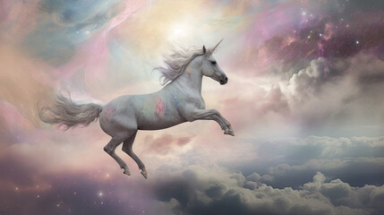 Obraz na płótnie Canvas A mystical unicorn galloping through a dreamlike landscape of swirling clouds and pastel-hued skies, with stars twinkling in the distance, evoking a feeling of enchantment and whimsy, Artwork, digital