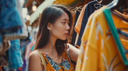 Young Asian woman shopping, browsing through colorful clothes in a market.