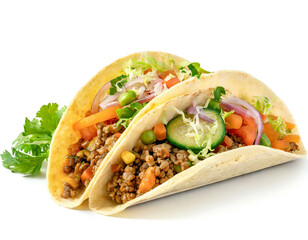 Gefüllte Taco mit Hackfleisch und Gemüse isoliert auf weißen Hintergrund, Freisteller 