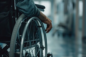 Obraz premium Wheelchair, disability and man holding wheel in hospital for medical care.