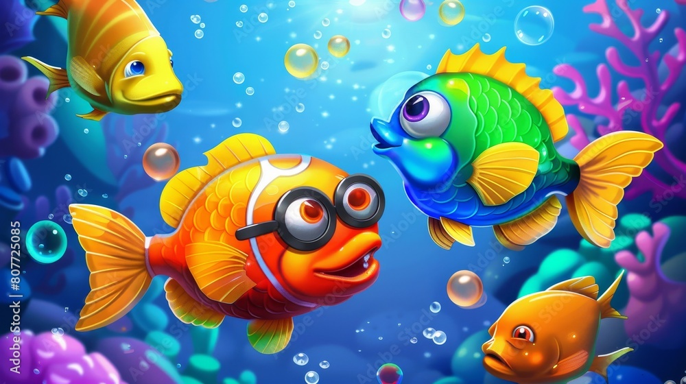 Poster interface with fish slot icon in underwater game. modern icon design for match 3 element with button