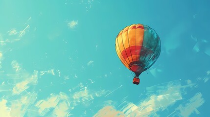 A colorful hot air balloon floats in the clear blue sky landscape abstract art poster background
