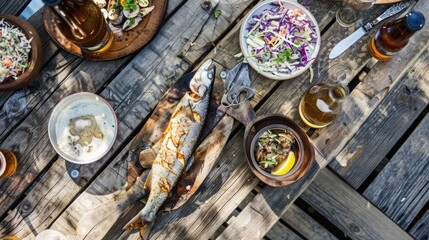 A rectangular wooden cutting board topped with grilled fish and lemon slices, beautifully displayed on a wooden table AIG50