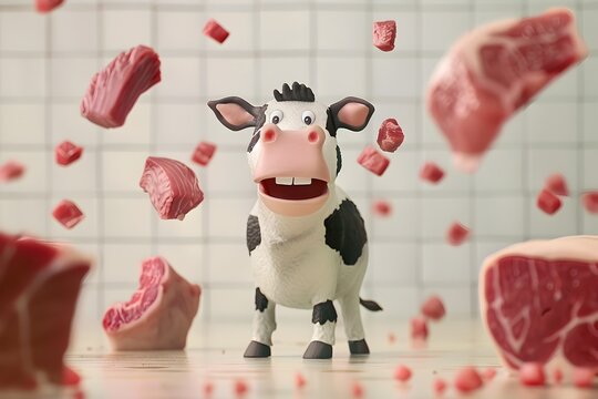 Cartoon Cow Playfully Juggling Cuts of Beef in Whimsical Stop Motion Styled Pack Shot