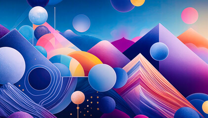 Colorful abstract landscape with mountains, geometric shapes, and glowing orbs against a vibrant blue sky