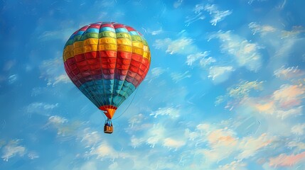 A colorful hot air balloon floats in the clear blue sky landscape abstract art poster background