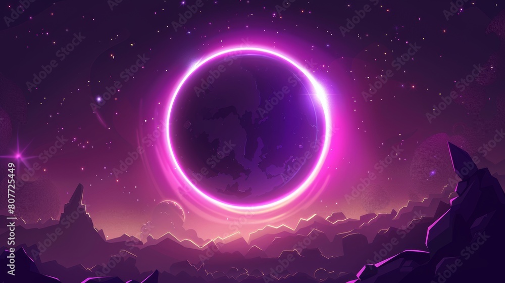 Poster an abstract modern background of an earth planet eclipse with purple light on the horizon. a sunrise