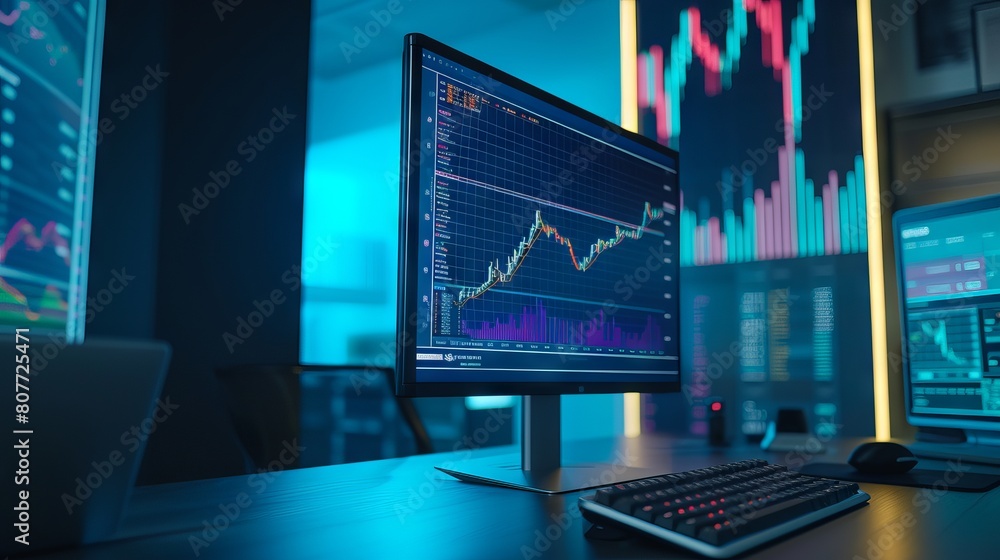 Poster detailed financial analysis: high-resolution computer monitor showcasing dynamic stock market graphs