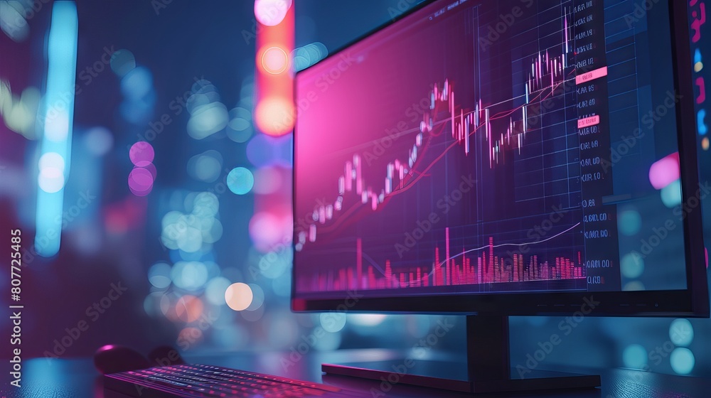 Poster detailed financial analysis: high-resolution computer monitor showcasing dynamic stock market graphs