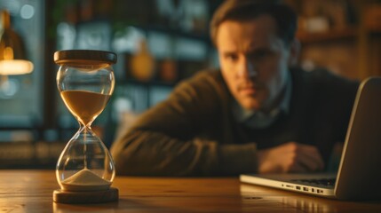 Man Contemplating Beside Hourglass