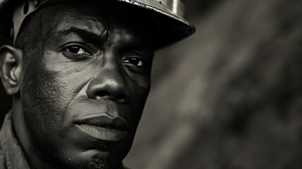 Close-up portrait of a black male worker with a reflective expression wearing a hard hat.