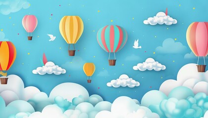 Obraz premium Colorful hot air balloons float through a clear blue sky. The hot air balloons are red, yellow, blue, green, and pink. The sky is dotted with fluffy white clouds.