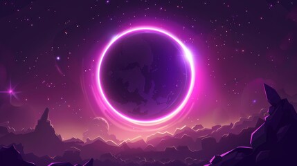 An abstract modern background of an Earth planet eclipse with purple light on the horizon. A sunrise flare space effect ring is above a dark moon design with a circle edge glow and magic sparkles at