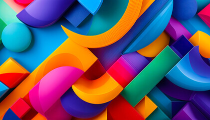 Vibrant abstract background with overlapping curved shapes in various bright colors including blue, green, orange, pink, and purple