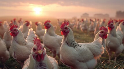 A Flock of Farm Chickens at Sunrise