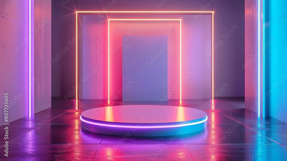 Poster create a 3d rendering of a futuristic stage with a glowing platform. the stage is surrounded by glow
