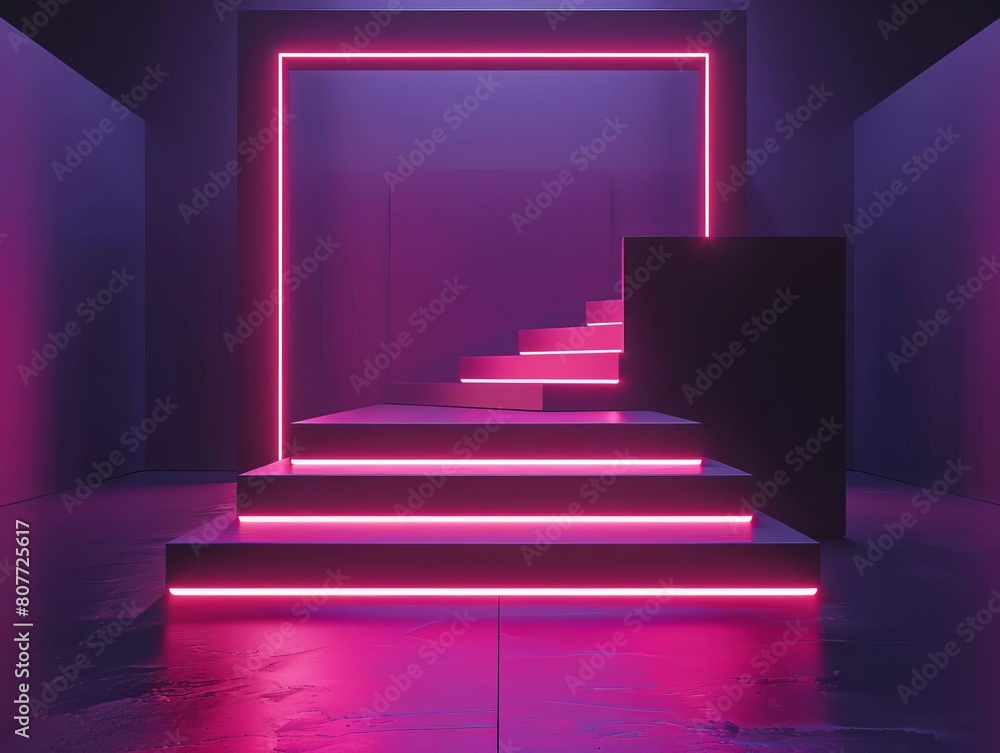 Poster Create a 3D rendering of a stage with pink neon lights. The stage should have three steps and a square frame around it. Render the image from a low angle.