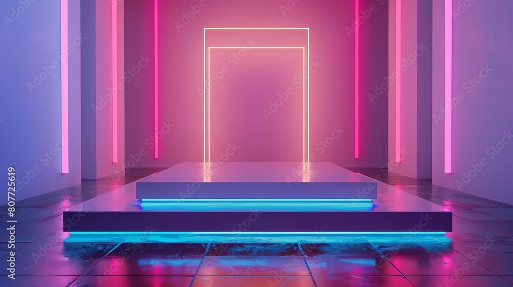 Poster create a 3d rendering of a futuristic stage with a glowing neon frame and a reflective floor. the co