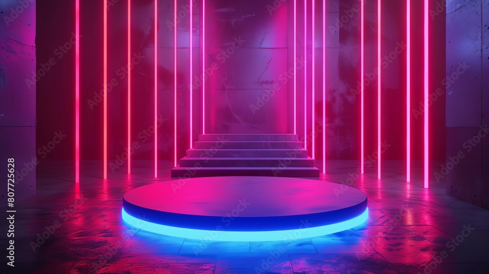 Poster Create a 3D rendering of a stage with a blue glowing circle in the center and pink neon lights in the background.