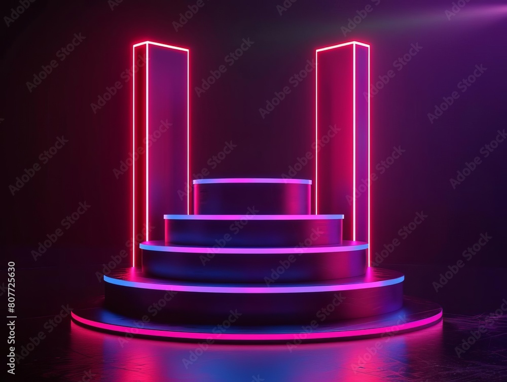 Poster create a 3d rendering of a stage with glowing neon lights