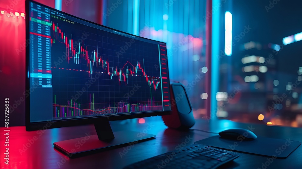 Poster detailed financial analysis: high-resolution computer monitor showcasing dynamic stock market graphs