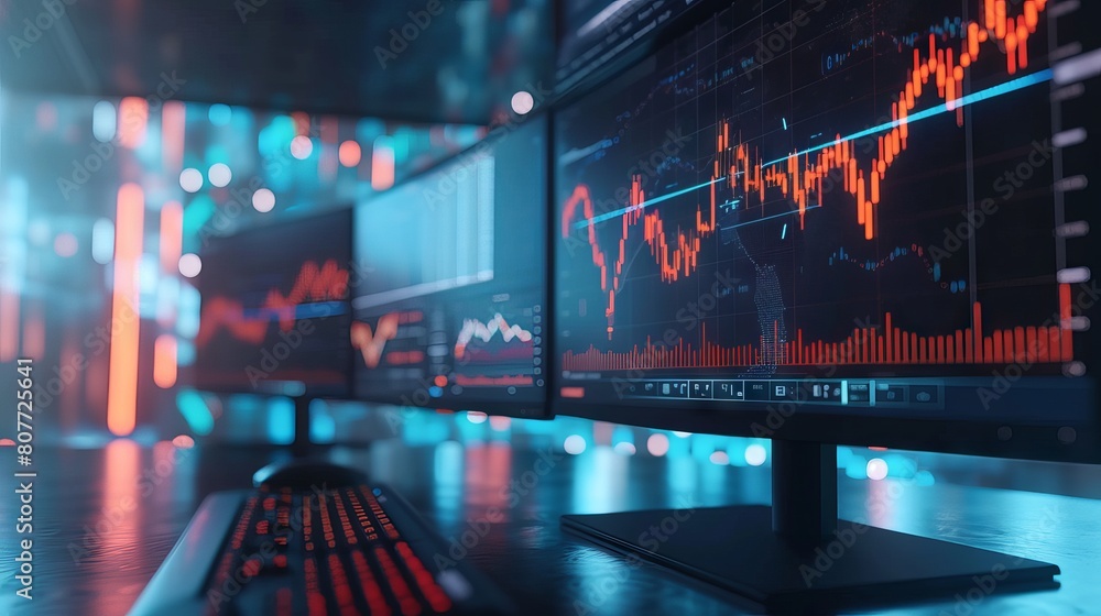 Poster detailed financial analysis: high-resolution computer monitor showcasing dynamic stock market graphs