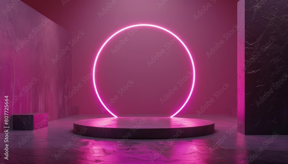 Poster create a 3d rendering of a glowing pink neon circle on a concrete pedestal against a dark background