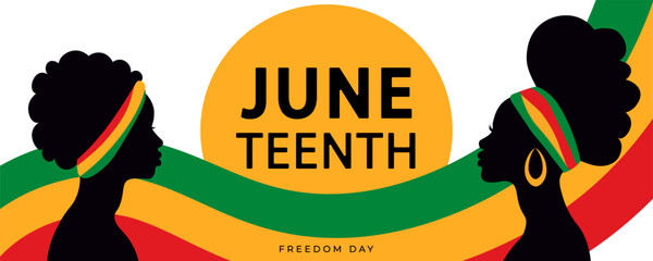 Black silhouettes of African American women in profile on the Juneteenth banner. Black History Month. Celebrating racial equality, freedom and human rights. Vector illustration