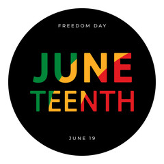 Black circle icon with colored text "Juneteenth" isolated on a transparent background. Flat design. Celebration of Juneteenth, Freedom day. Great for t-shirt or badge design. Vector illustration