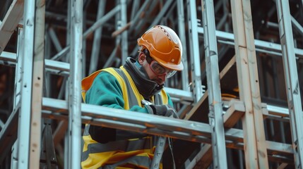 A construction worker with safety gear is focused on working amidst metal scaffolding.