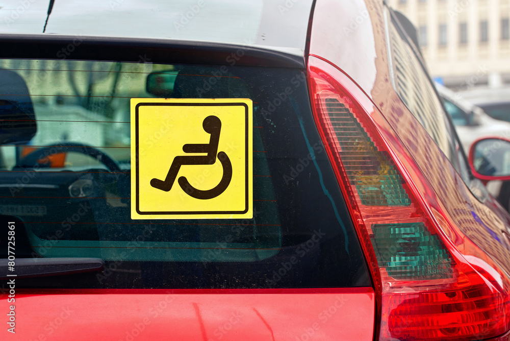 Sticker car with handicap access sticker on rear window, back view. flat vector illustration template. atten