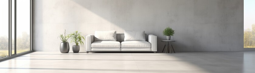 a modern home interior with a white sofa, plants, and a large window