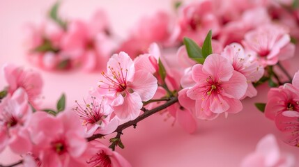 Photo of pink peach blossoms on a pink background, in a flat lay style On the right side there is free space for text or design The left part has cherry blossom flowers