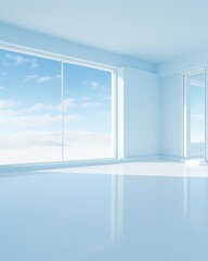 3d rendering of an empty room with large windows