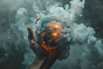 A hand holds the planet earth, shrouded in fire, on a dark background. Global catastrophe concept. Generated by artificial intelligence