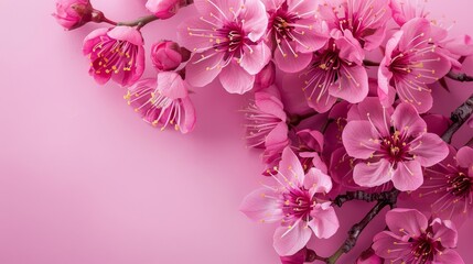 Photo of pink peach blossoms on a pink background, in a flat lay style On the right side there is free space for text or design The left part has cherry blossom flowers