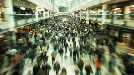 Obraz premium Blurred motion view of a bustling multi-level shopping mall with numerous shoppers.