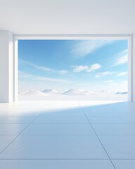 3d rendering of  A large white room with a view of a snowy landscape outside.