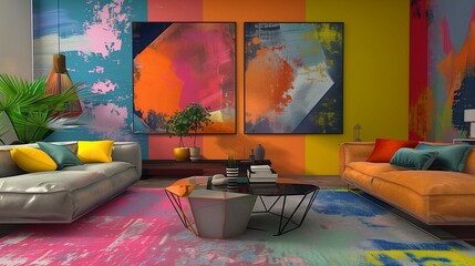 A vibrant TV lounge with abstract art, a modular sofa, and a geometric coffee table