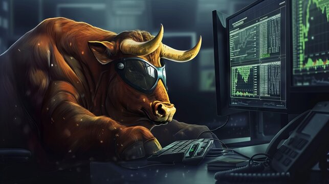 Determined bull engaged in active trading on computer: a symbol of bull market optimism in stocks and cryptocurrency