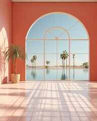 3d rendering of  An arched window looking out onto a beach with palm trees.