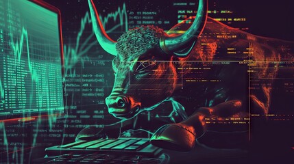 Determined bull engaged in active trading on computer: a symbol of bull market optimism in stocks and cryptocurrency