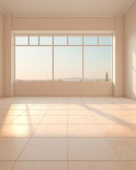 3d rendering of   An empty room with a large window looking out onto a cityscape. The room is lit by the sun streaming in through the window.