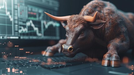 Determined bull engaged in active trading on computer: a symbol of bull market optimism in stocks and cryptocurrency