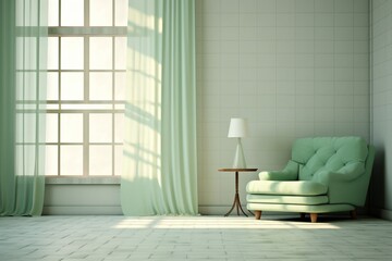 3d rendering of  An empty room with a large window, a green armchair, and a small table with a lamp on it. The room is lit by the sun coming in through the window. - Powered by Adobe