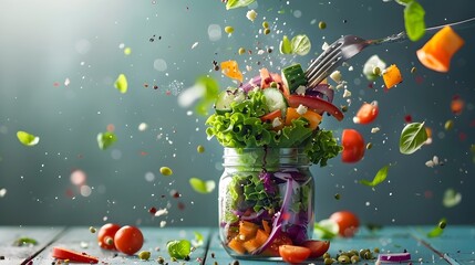 Exploding Salad Burst from Mason Jar with Ingredients Scattering and Fork Capturing Bite in Motion - obrazy, fototapety, plakaty