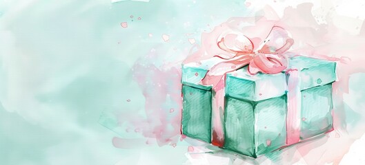 A green box with a pink bow on top. The box is decorated with watercolor and has a pink ribbon