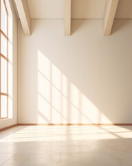 3d rendering of  An empty room with white walls and large windows. The room is lit by sunlight shining through the windows.