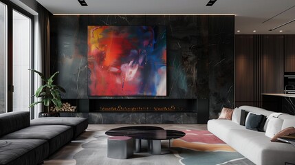 An elegant TV lounge with a sleek black marble fireplace and a large abstract painting